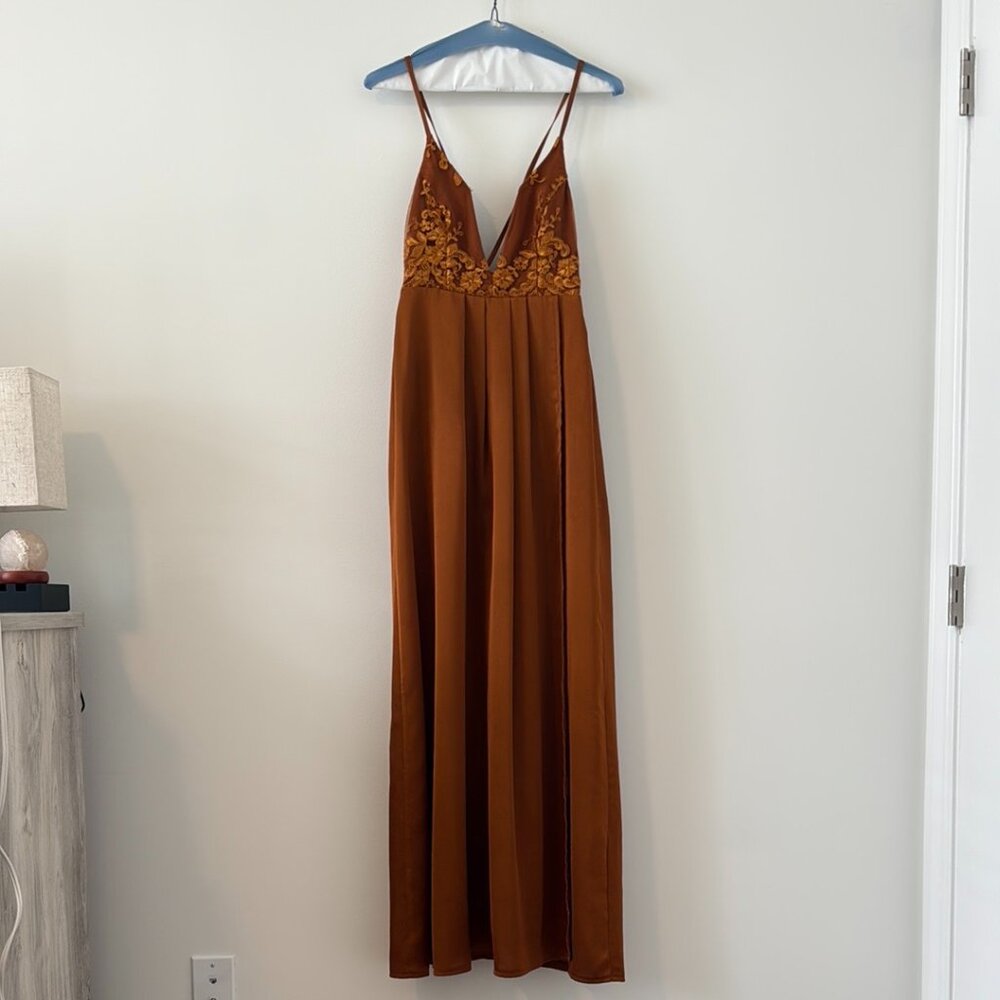 COPY - Hello Molly - Elegant Brown Maxi Dress with Floral Embroidered Details